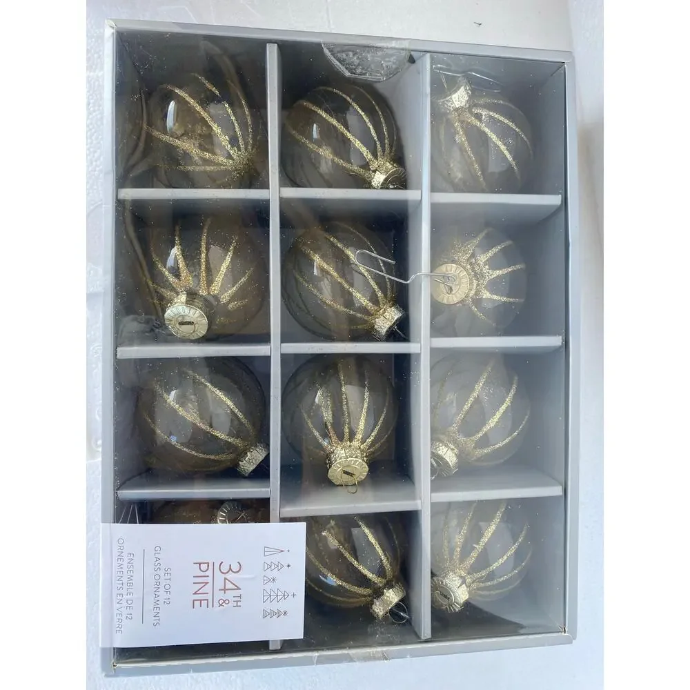 set of 12 glass Christmas ball ornaments featuring a dark tinted or smoked glass